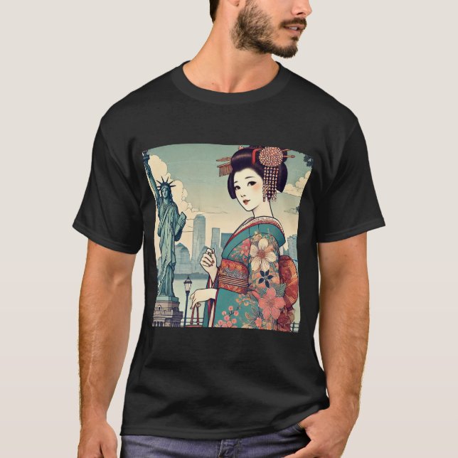 Ukiyo-e style: Oiran alongside the Statue of Liber T-Shirt (Vorderseite)