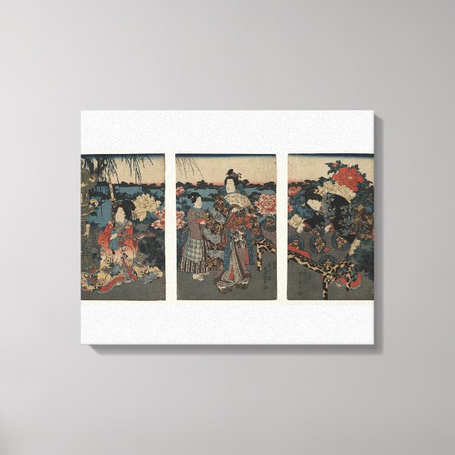 Ukiyo-e Triptychon: Der Garten der Peonies Leinwanddruck (Vorderseite)