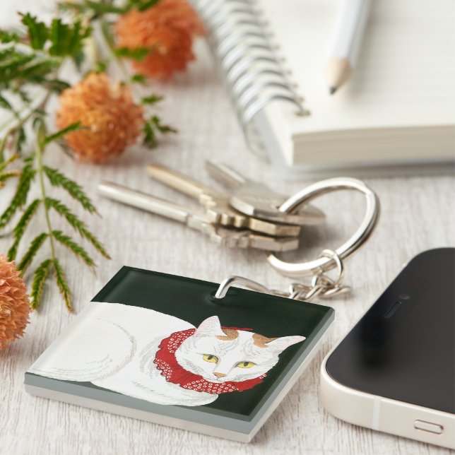 Ukiyoe [komei] 03 Weiße Katze Schlüsselanhänger (Vorderseite rechts)