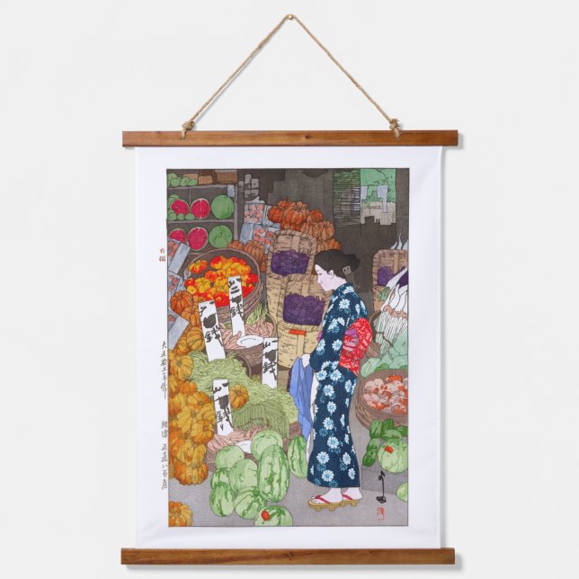 ukiyoe - Yoshida - 16 - Honest Greengrocery, Nezu Wandteppich Mit Holzrahmen (Vorderseite)