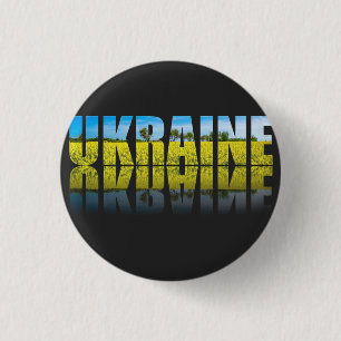 Ukraine-Etikett mit blauem Himmel und gelb Button