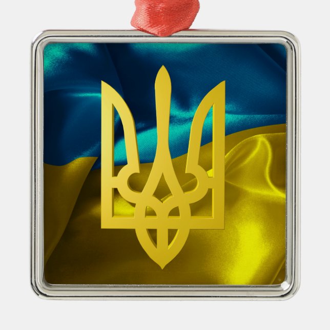 Ukraine-Flagge und Tryzub Silbernes Ornament (Vorne)