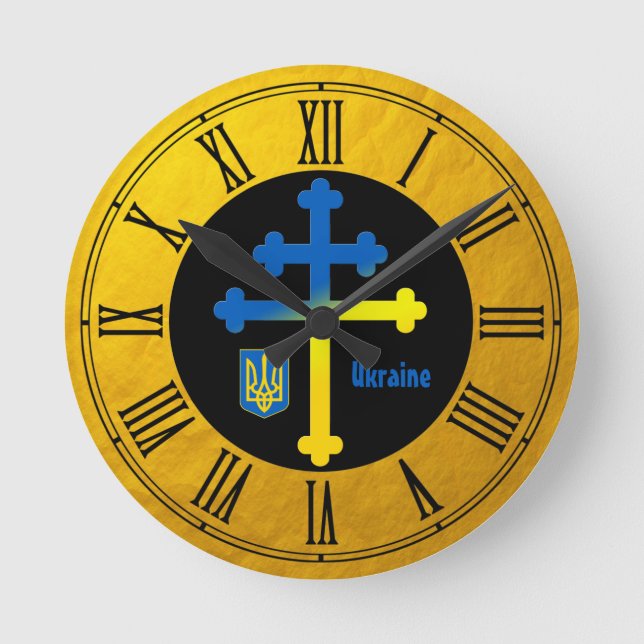Ukraine Kreuzzeichen und Lorraine-Kreuz Runde Wanduhr (Vorderseite)