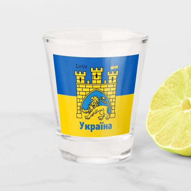 Ukraine & Lwiwer Stadt - Wappen, ukrainische Flagg Schnapsglas (Vorderseite)
