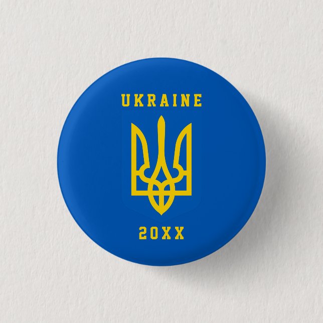 UKRAINE Wappen und Jahr auf BLAU Button (Vorderseite)