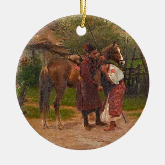 Ukrainer Kozak mit weinendem Mädchen Keramik Ornament (Vorne)