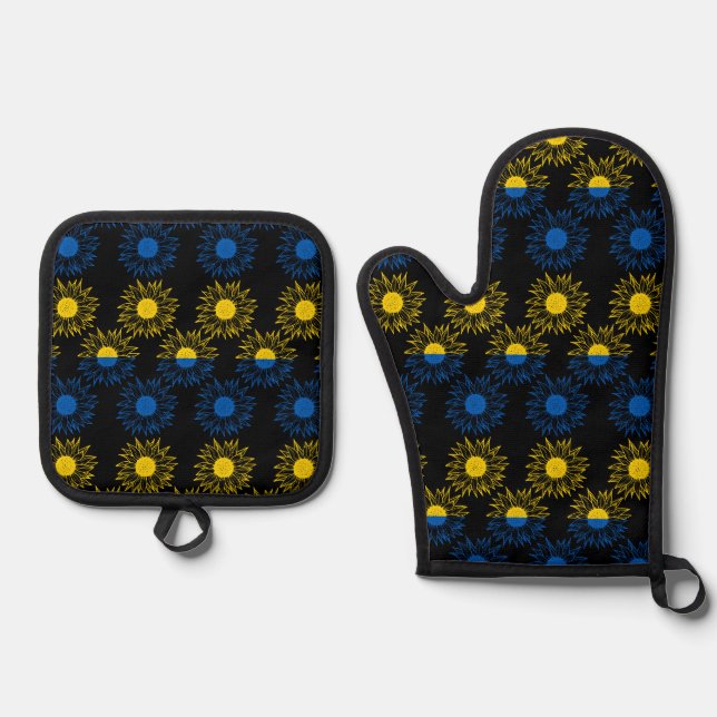 Ukrainian Flag Colors with Sunflowers Ofenhandschuh & Topflappen-Set (Vorderseite)