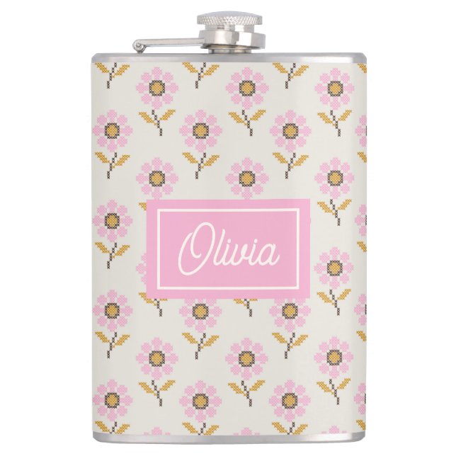 Ukrainian Folk Cross Stitch Floral Pattern Flachmann (Vorderseite)