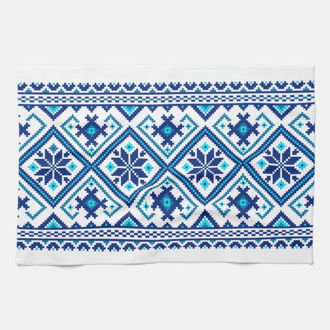 Ukrainian traditional vushuvanka folk pattern blue geschirrtuch (Horizontal)
