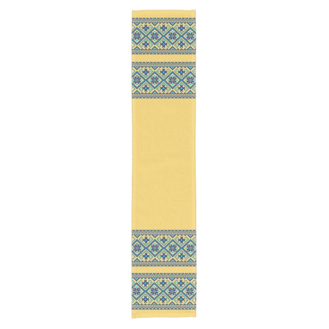 Ukrainian traditional vushuvanka folk pattern blue kurzer tischläufer (Vorderseite)