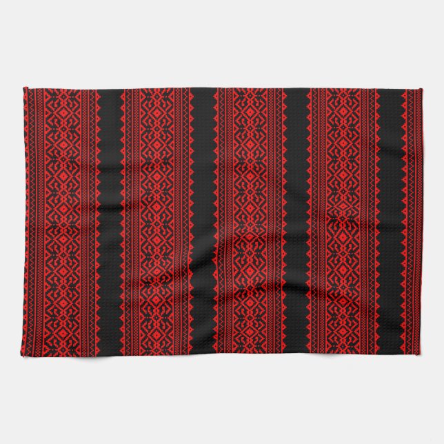 Ukrainian traditional vushuvanka folk pattern red geschirrtuch (Horizontal)
