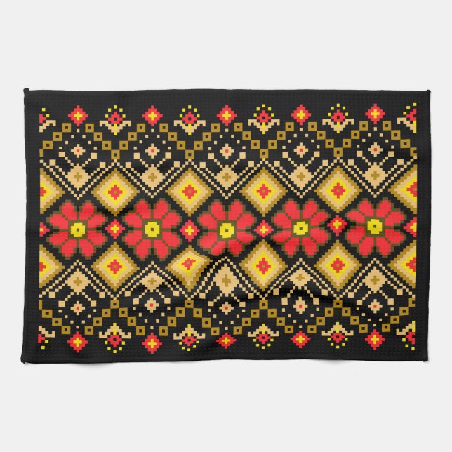 Ukrainian traditional vushuvanka folk pattern red geschirrtuch (Horizontal)