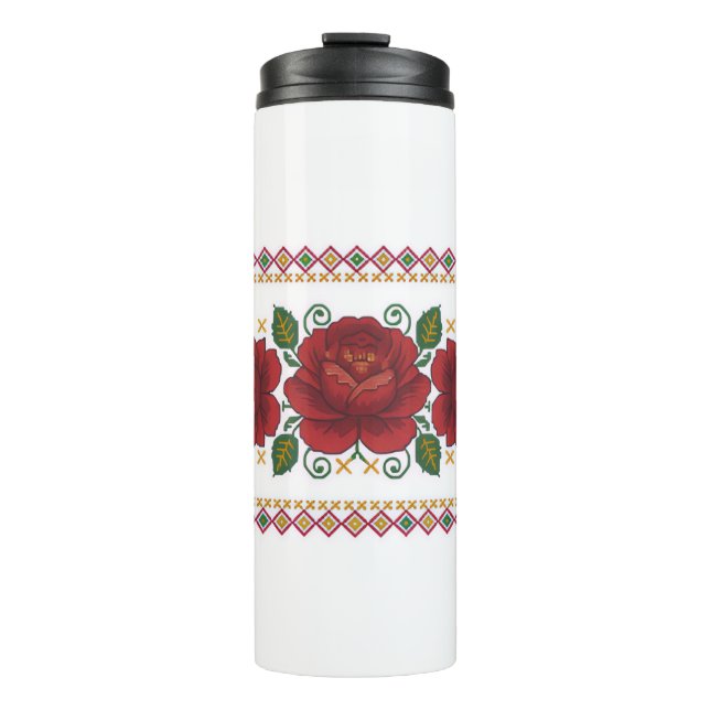 Ukrainian traditional vushuvanka folk pattern rose thermosbecher (Vorderseite)