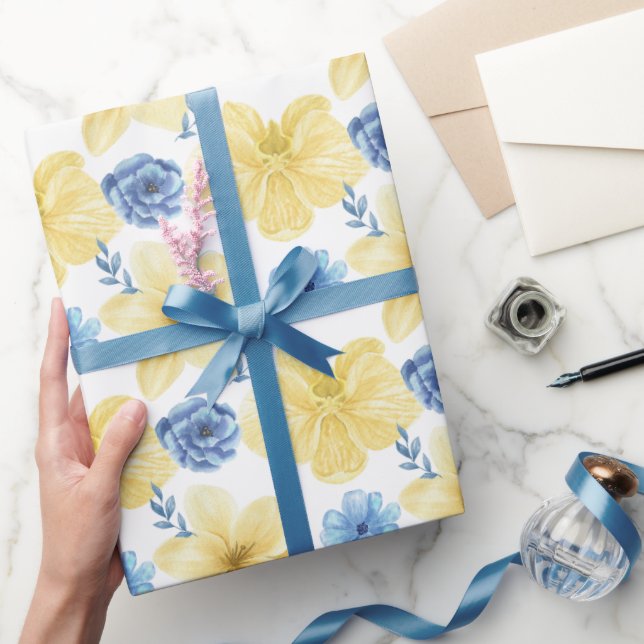 Ukrainisch blaues/gelbes Blumenmuster. Ukraine Geschenkpapier (Schenken)