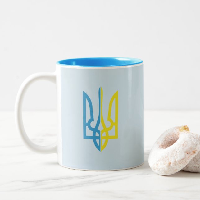 Ukrainische blaue/gelbe Tryzub Tasse (Mit Donut)