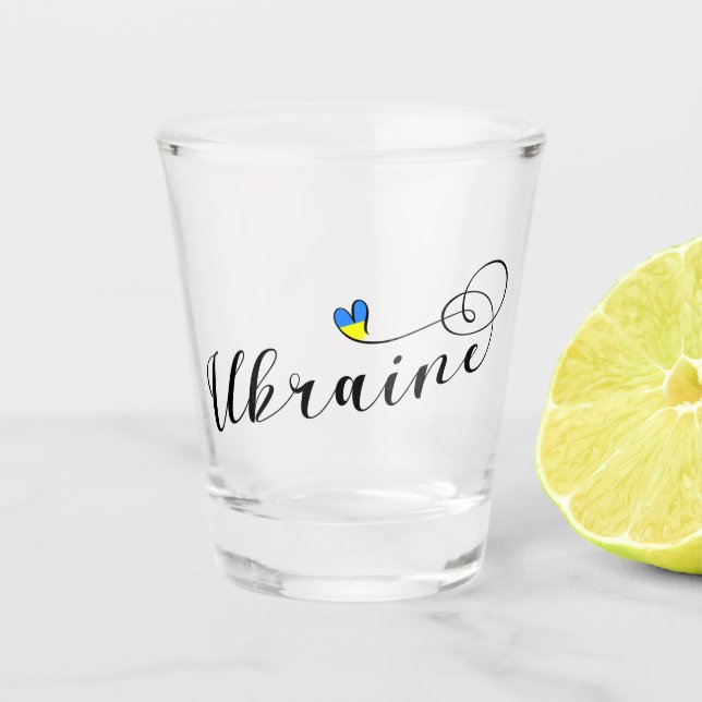 Ukrainische Fahne im Herzen У р а н Ukraine Schnapsglas (Vorderseite)