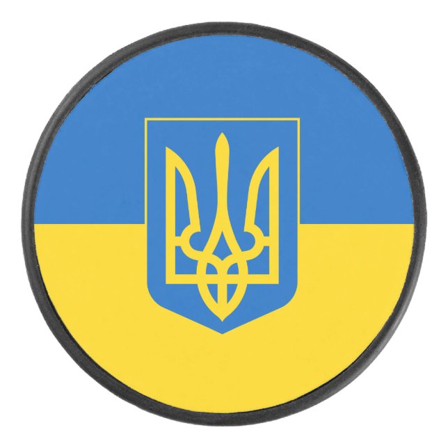 Ukrainische Flagge mit Wappen Eishockey Puck (Vorderseite)