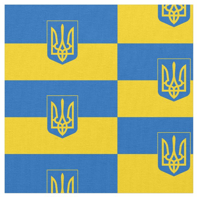 Ukrainische Flagge mit Wappen Stoff (Nahaufnahme)