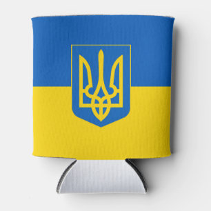 Ukrainische Flagge mit Wappen Trident.  Dosenkühler