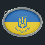 Ukrainische Flagge mit Wappen und benutzerdefinier Ovale Gürtelschnalle<br><div class="desc">Gürtelschnalle mit der Flagge der Ukraine,  eine blaue und gelbe Flagge mit dem ukrainischen Wappen (Emblem) mit einem Dreieck in der Mitte und eine benutzerdefinierte Textvorlage für Ihre Nachricht</div>