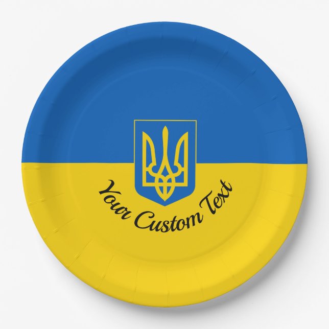 Ukrainische Flagge mit Wappen und benutzerdefinier Pappteller (Vorderseite)