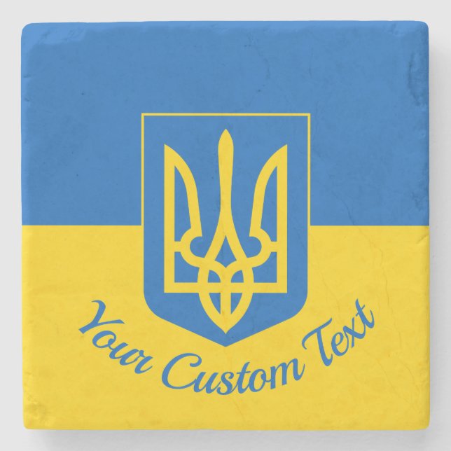 Ukrainische Flagge mit Wappen und benutzerdefinier Steinuntersetzer (Vorderseite)