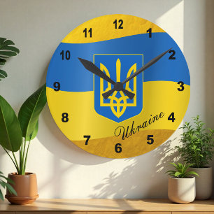 Ukrainische Flagge & Ukraine-Emblem, Text /Gold Runde Wanduhr