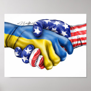 ukrainische Flagge und Handschlag der US-Flagge Poster