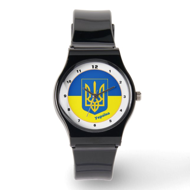 Ukrainische Flagge und ukrainische Mode / Tryzub U Armbanduhr (Vorderseite)