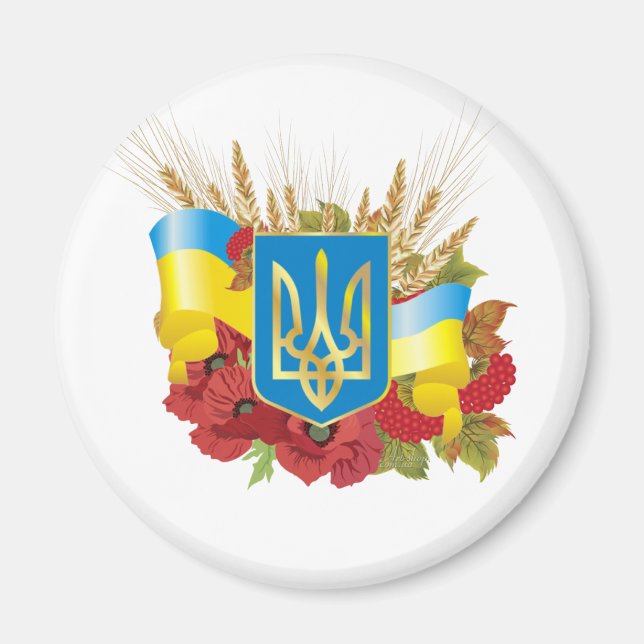 Ukrainische Flagge und Wappen. Magnet (Vorne)