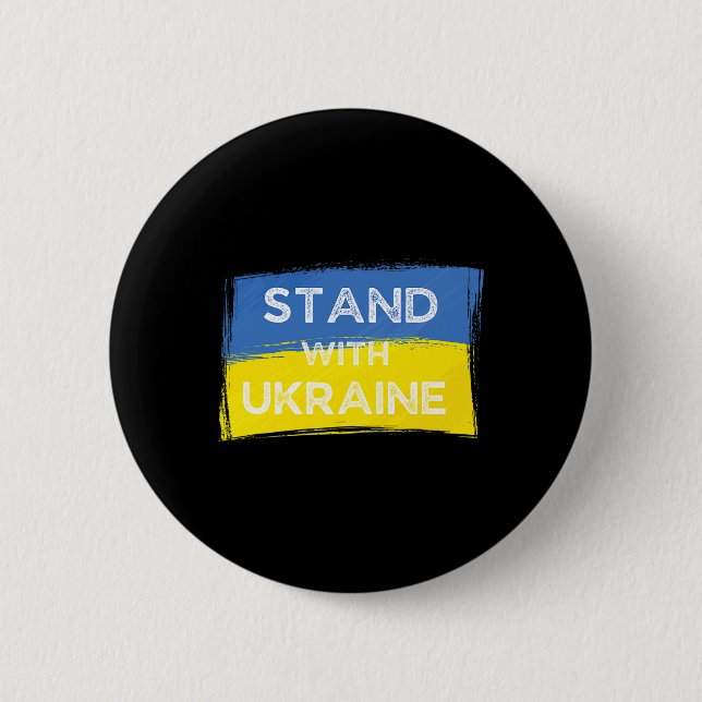 Ukrainische gelb-blaue Flagge mit Slogan Stand Wit Button (Vorderseite)