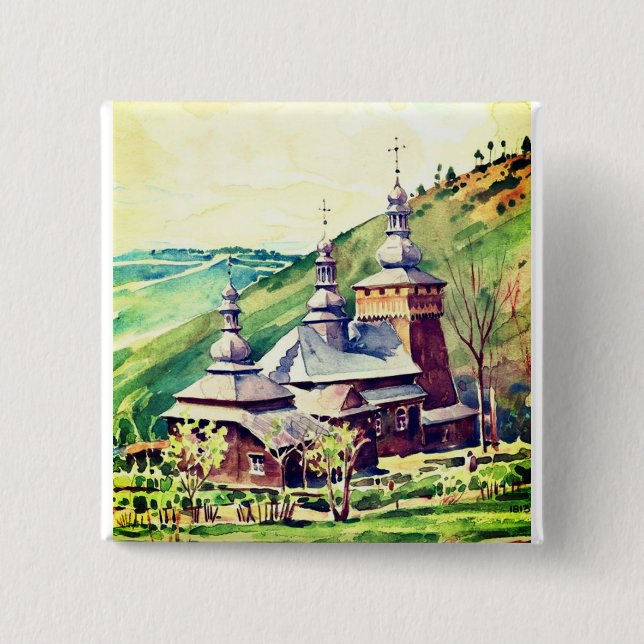 Ukrainische Holzkirche Vintage Architektur Button (Vorderseite)