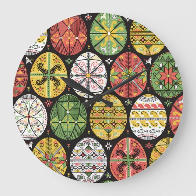 Ukrainische Ostereier, Vintages Muster. Große Wanduhr (Vorderseite)