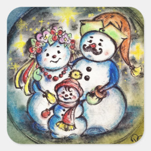 Ukrainische Snowmenfamilie Quadratischer Aufkleber