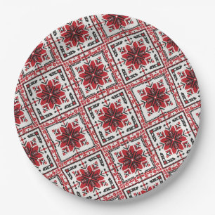 Ukrainische traditionelle Vushuvanka-Folkart rot. Pappteller