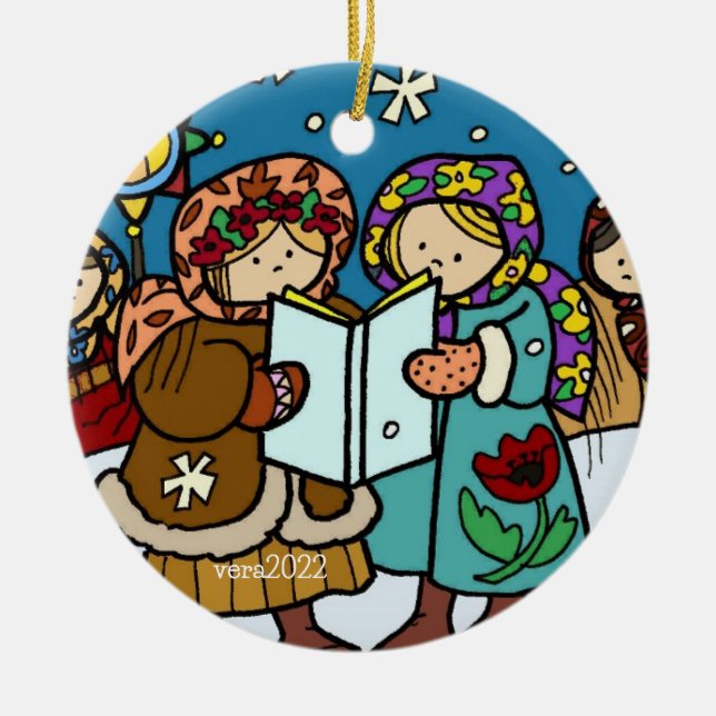 Ukrainische Weihnachtslieder Folk Art Keramik Ornament (Vorne)