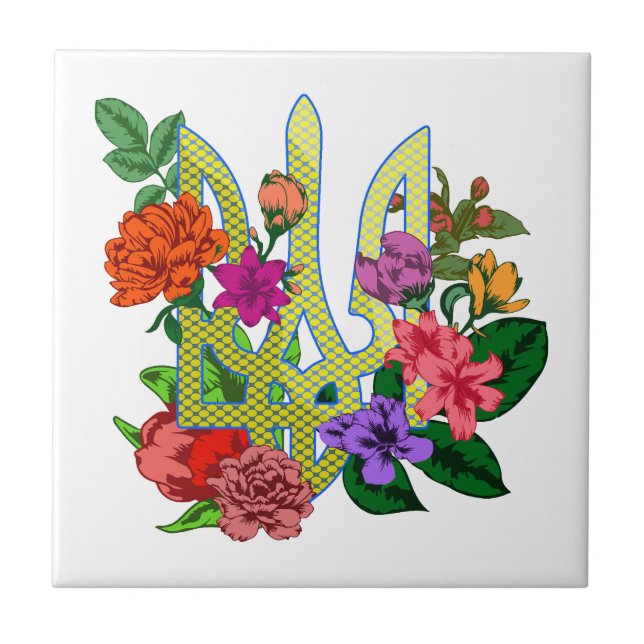 Ukrainischer Heraldik-Dreizack Tryzub blühende Blu Fliese (Vorderseite)