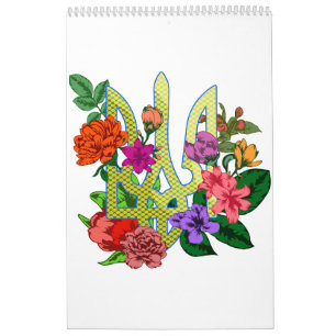Ukrainischer Heraldik-Dreizack Tryzub blühende Blu Kalender