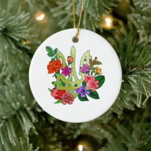 Ukrainischer Heraldik-Dreizack Tryzub blühende Blu Keramik Ornament