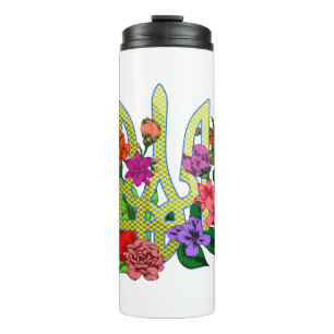 Ukrainischer Heraldik-Dreizack Tryzub blühende Blu Thermosbecher