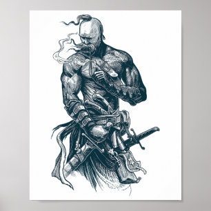 Ukrainischer Kosaken-Krieger hält Schwert und kämp Poster