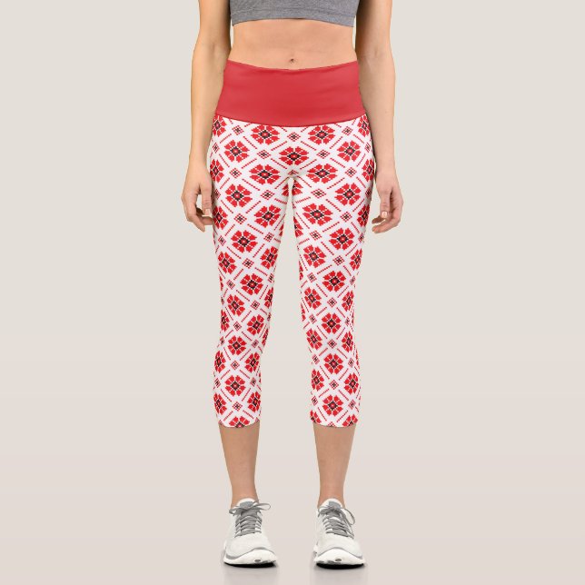 Ukrainisches Folk Geometric Muster Red Schwarz-wei Capri Leggings (Vorderseite)