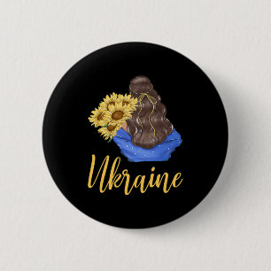 Ukrainisches Mädchen mit Sonnenblumen Blaue Gelbe Button