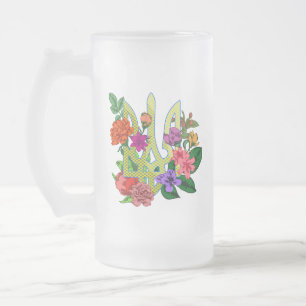 Ukrainisches Wappen Dreizack Tryzub blühende Blume Mattglas Bierglas
