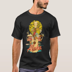 Ukulele Blume Aloha Hawaii Trendy Vintag Sunset T-Shirt