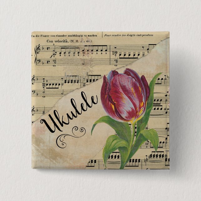 Ukulele Elegant Tulip Vintage Noten Button (Vorderseite)