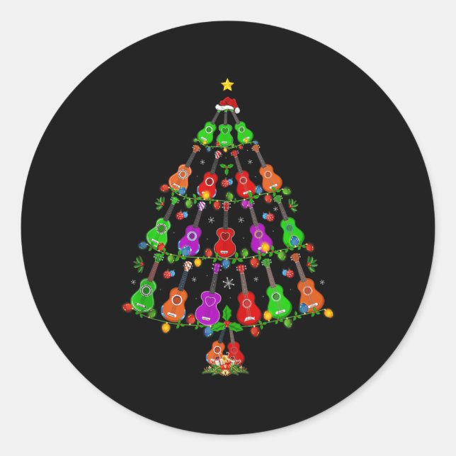 Ukulele Guitar Christmas Tree Funny Music Lover Mu Runder Aufkleber (Vorderseite)