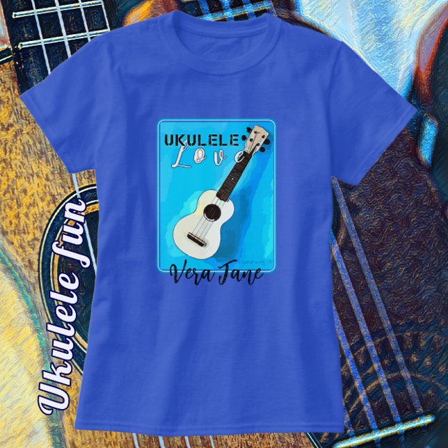 Ukulele Liebe in Hübschen Schattierungen des blaue T-Shirt (What Fun! Easily select shirt and Text Name color.)