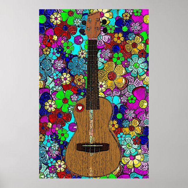 Ukulele mit Groovy Angesagten Blume und Herz Poster (Vorne)