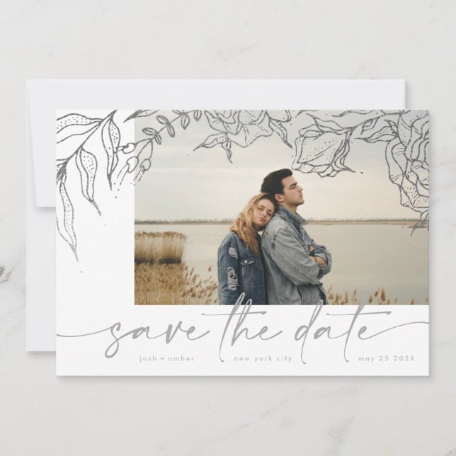 Ultimate | Modernes Grau Forever Multi Foto Floral Save The Date (Vorderseite)